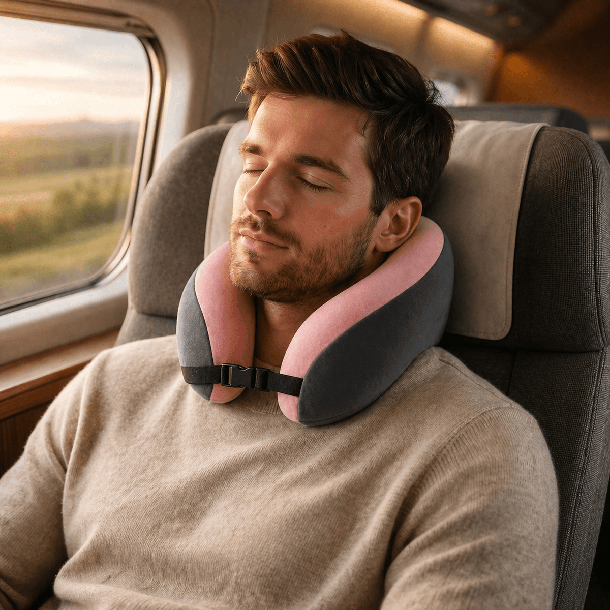 Un homme porte le Coussin de Voyage 3 en 1 rose