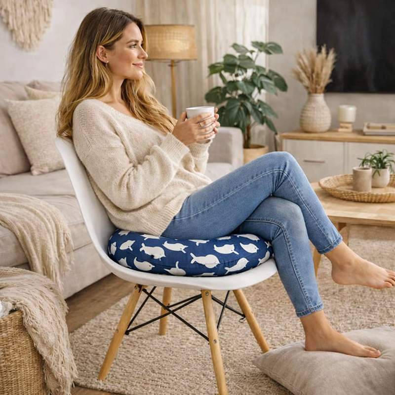 Une femme assise sur le Coussin de Chaise Rond bleu marine