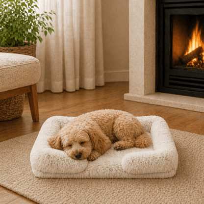 Un chien couché sur le Coussin Anti-stress Déhoussable Crème pour Chien