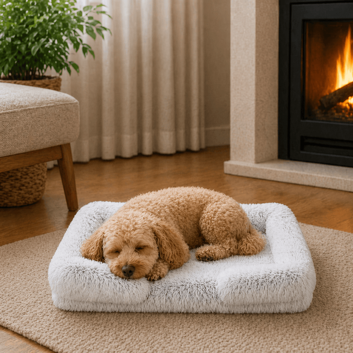 Un chien couché sur le Coussin Anti-stress Déhoussable Neige pour Chien 