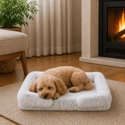 Un chien couché sur le Coussin Anti-stress Déhoussable Neige pour Chien 