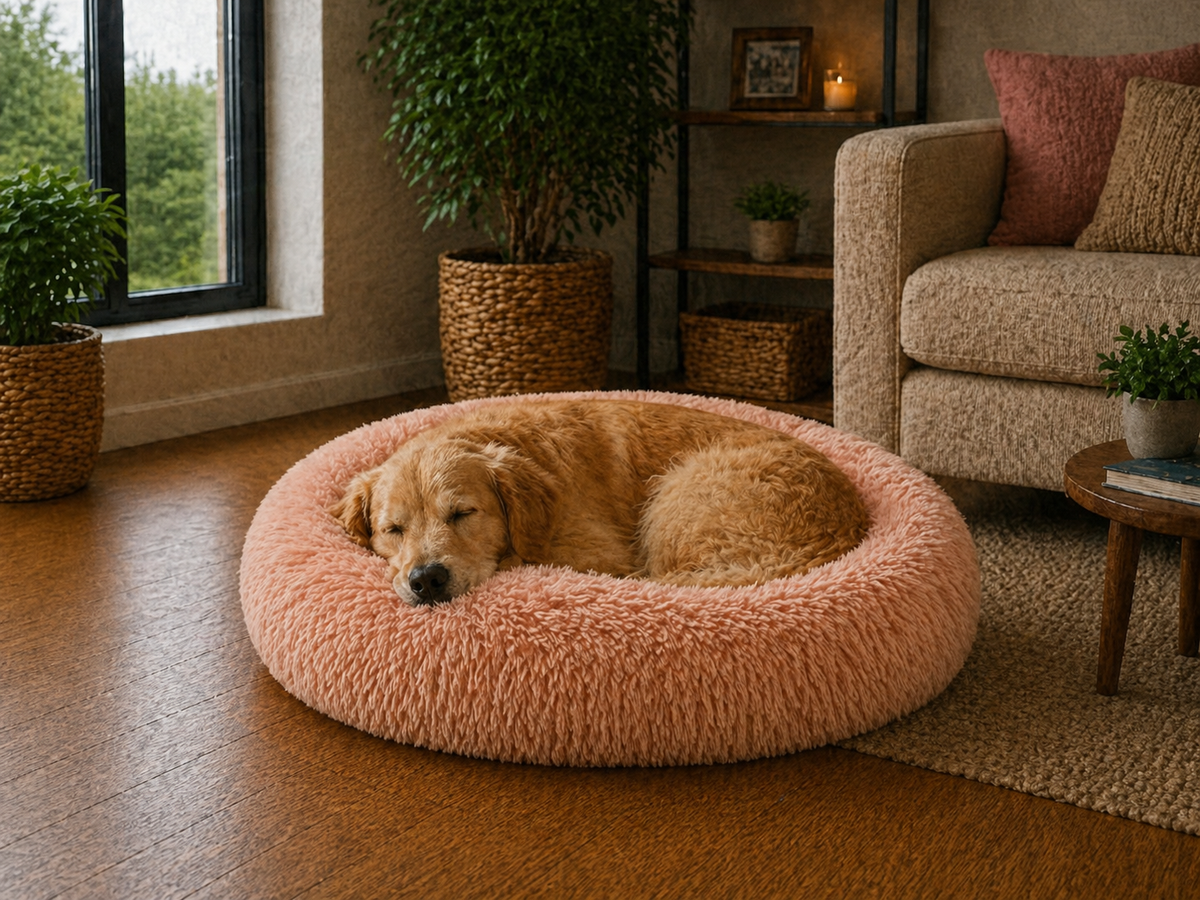 Un chien assis dans le Coussin Anti-stress pour Chien Saumon