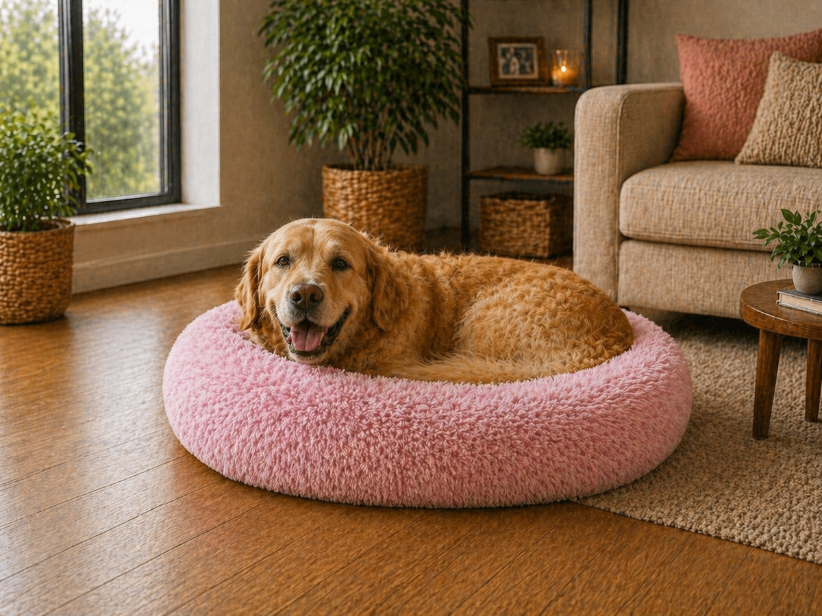 Un chien assis dans le confort du Coussin Anti Stress pour Chien Rose