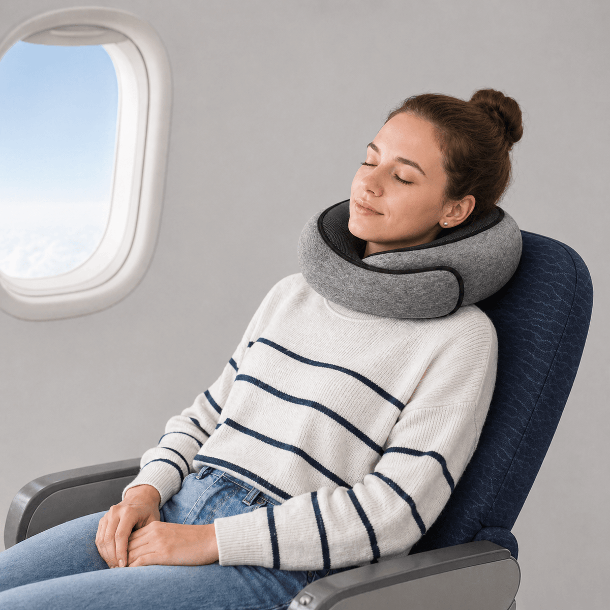 Une femme uilise le Coussin Avion Cou gris