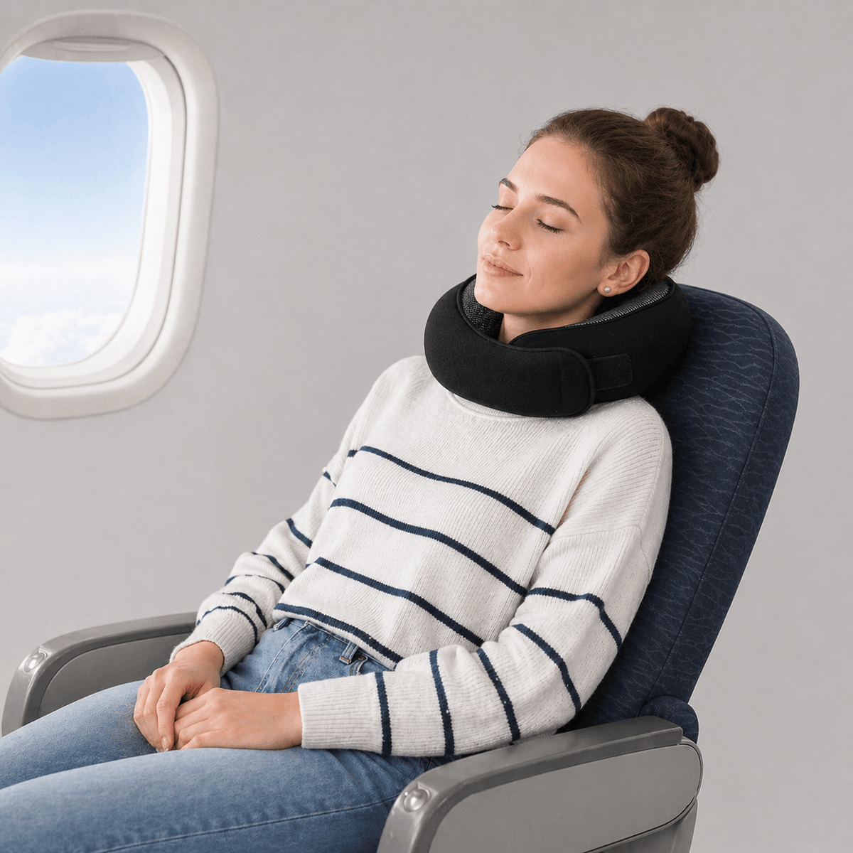 Une femme utlise le Coussin Avion Cou noir