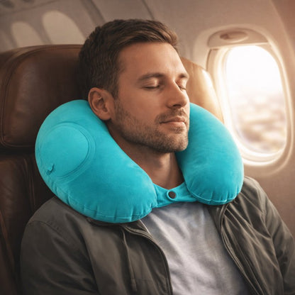 Un homme porte le Coussin Avion Gonflable Facile bleu