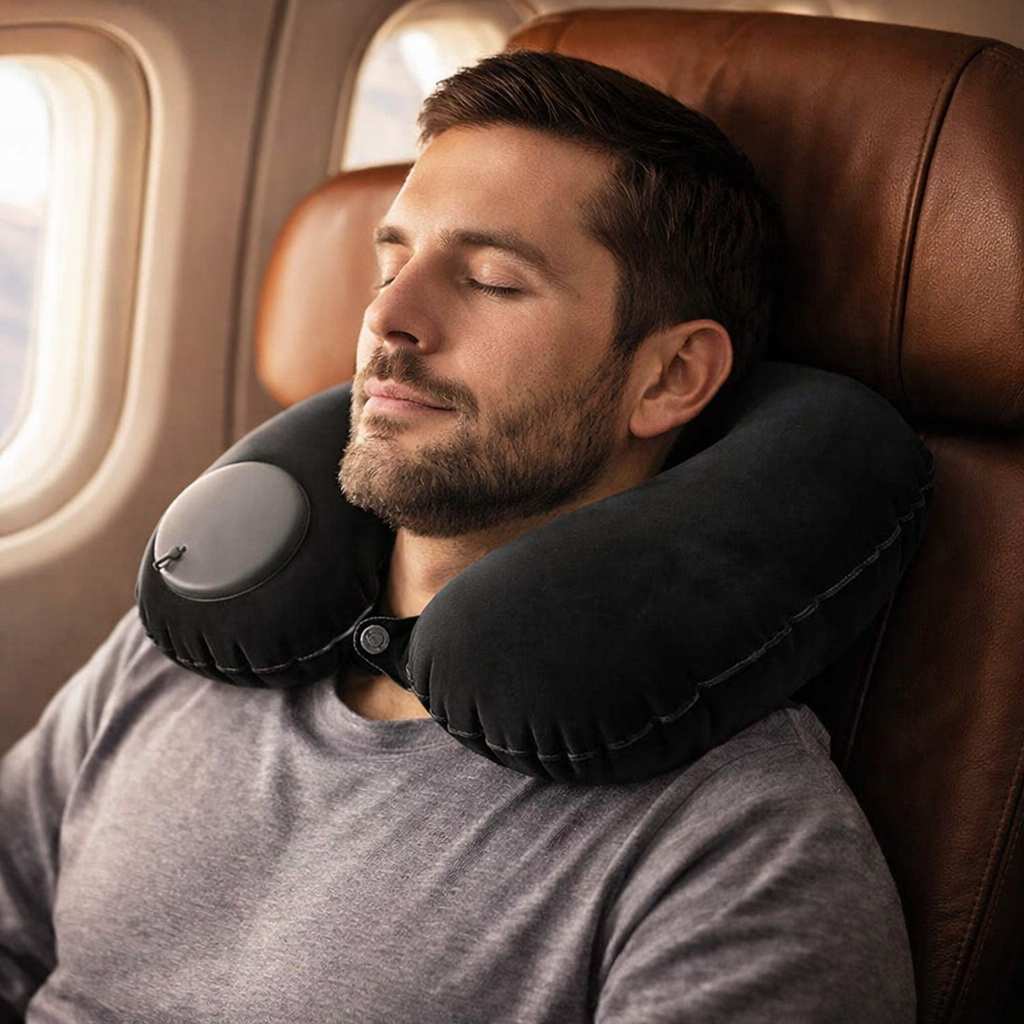 Un homme porte le Coussin Avion Gonflable Facile noir 
