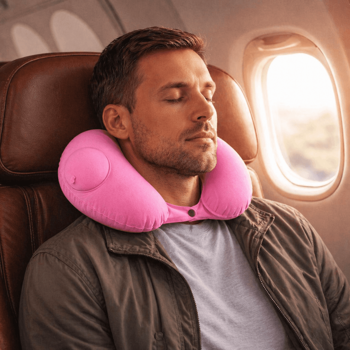 Un homme porte le Coussin Avion Gonflable Facile rose