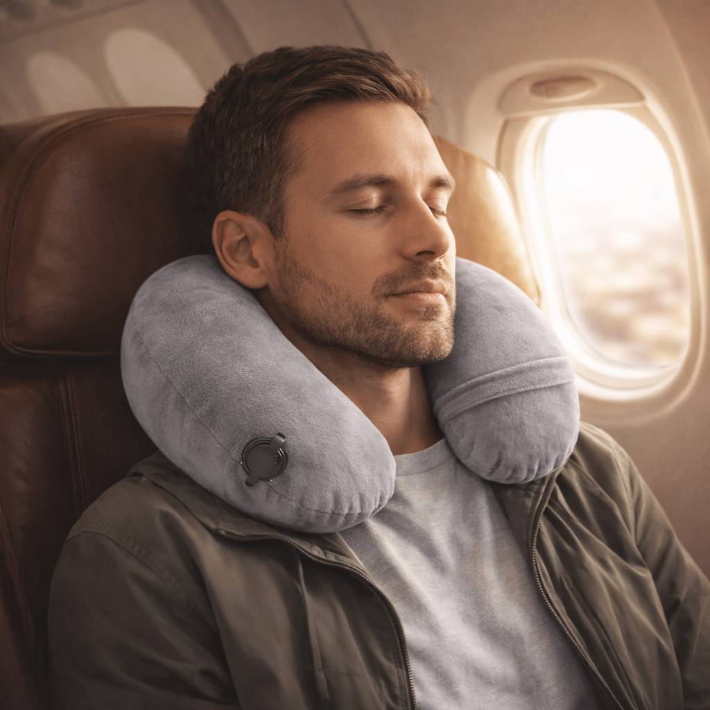 Un homme porte le Coussin Avion Gonflable gris