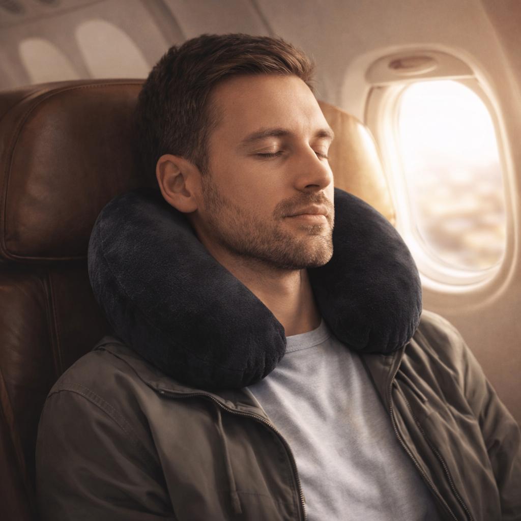 Un homme porte le Coussin Avion Gonflable noir​ 