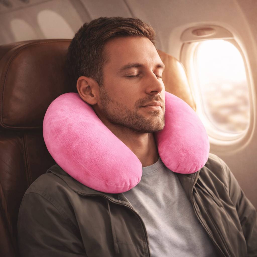 Un homme porte le Coussin Avion Gonflable rose