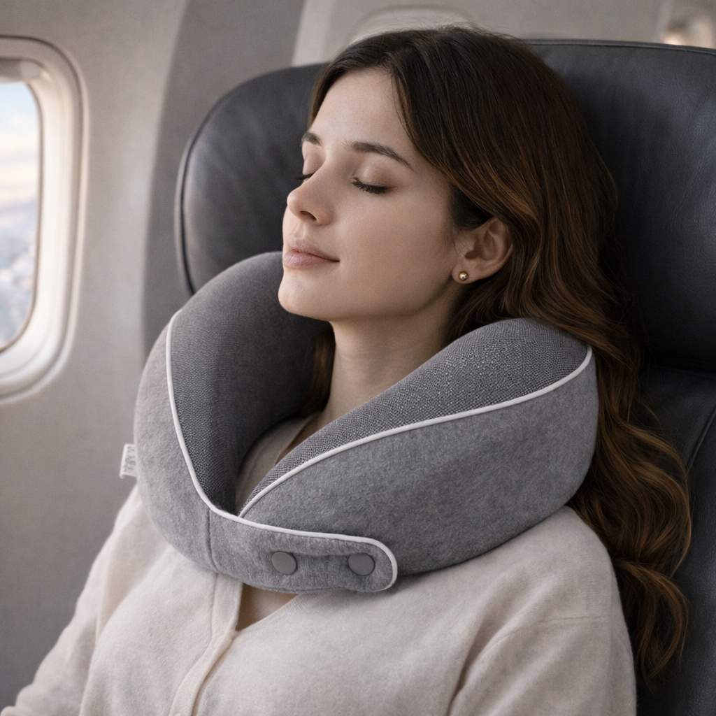 Une femme porte le Coussin Avion Mémoire de Forme​ gris