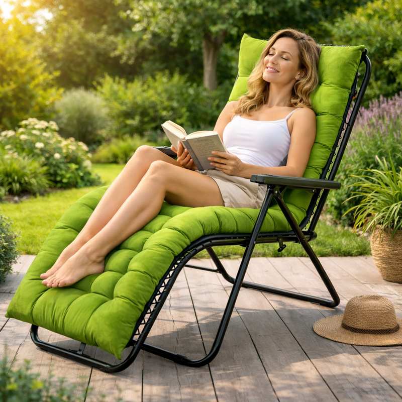 Une femme assis sur le Coussin Chaise Longue vert