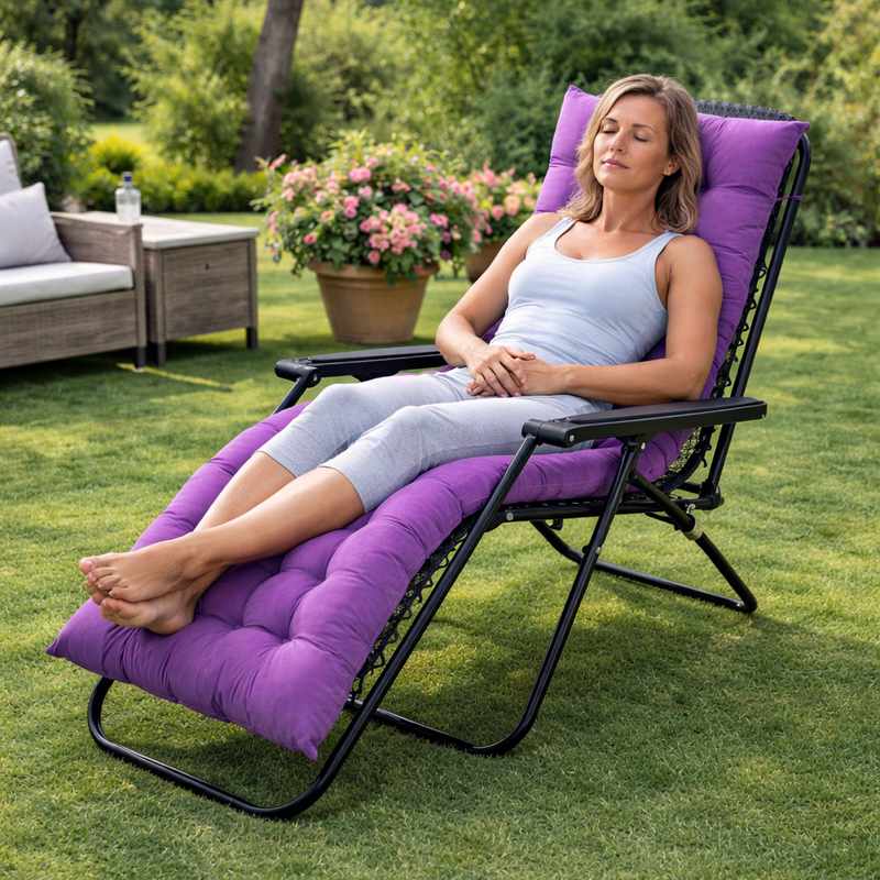 Une femme assise sur le Coussin Chaise Longue violet
