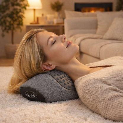 Une femme utilise le Coussin Chauffant Cervicales Pharmacie​ gris