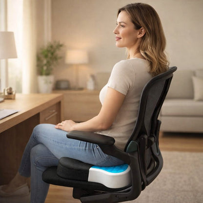 Une femme utilise le Coussin Coccyx gel noir