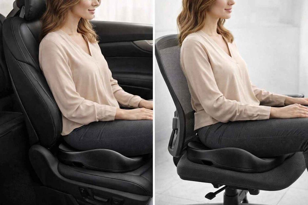 Une femme utilise le Coussin Coccyx massant pour voiture noir