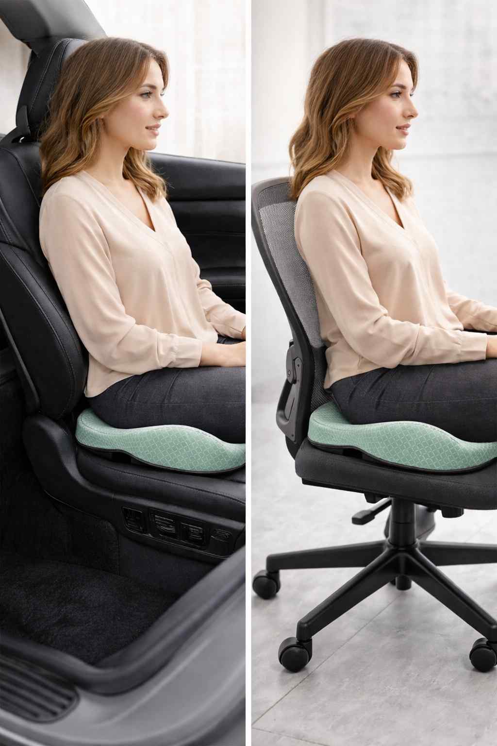 Une femme utilise le Coussin Coccyx massant pour voiture vert