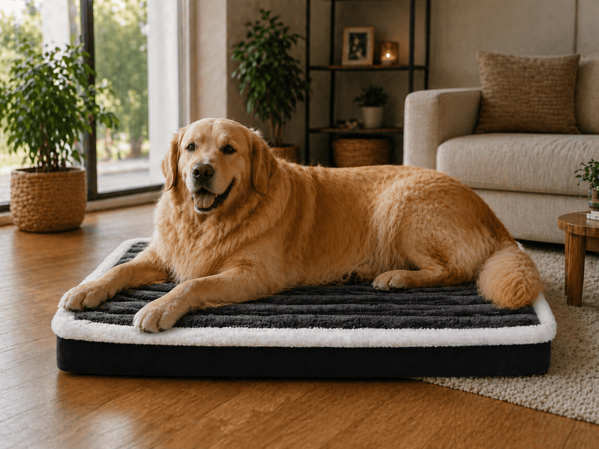 Un chien assis sur le Coussin Déhoussable pour Chien Gris