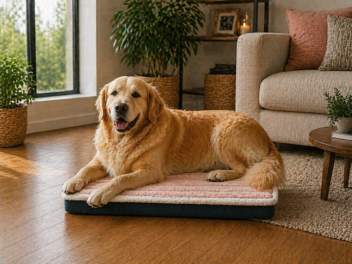 Un chien assis sur le Coussin Déhoussable pour Chien Rose