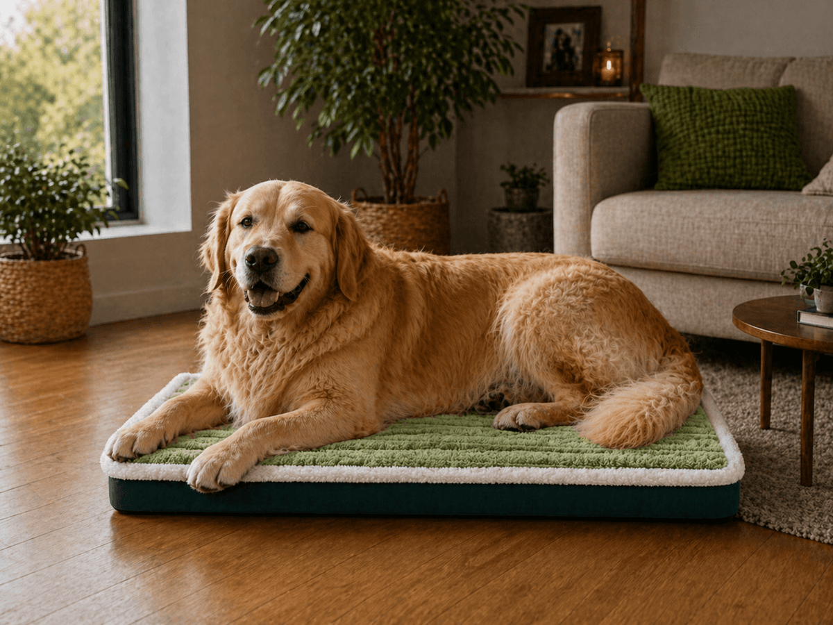 Un chien assis sur le Coussin Déhoussable pour Chien Vert