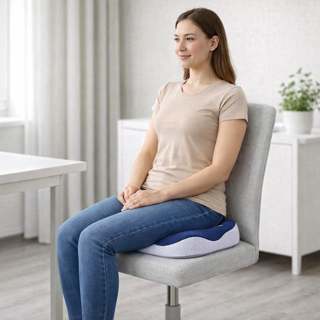 Une femme utilise le Coussin Ergonomique Hémorroïdes bleu