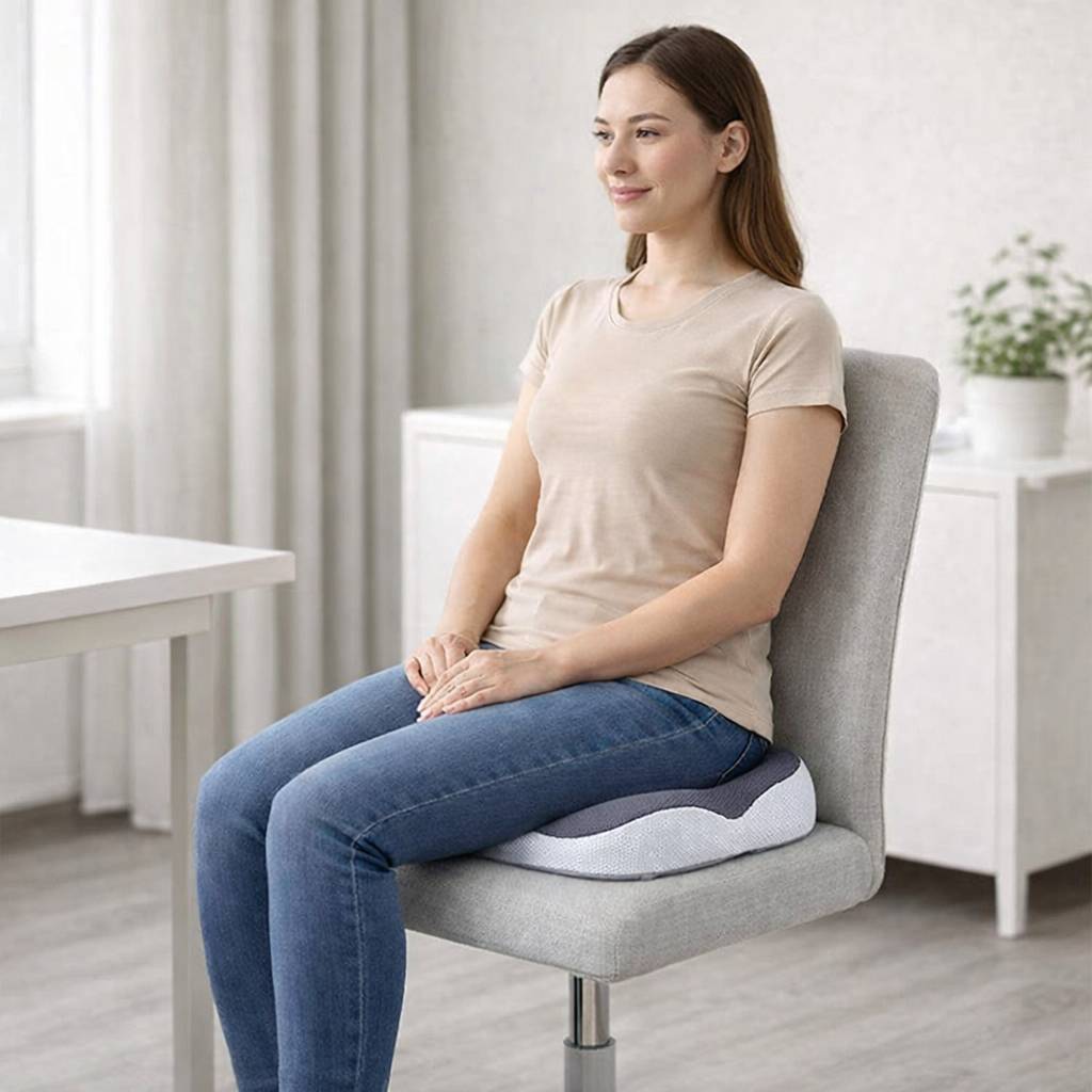 Une feme utilise le Coussin Ergonomique Hémorroïdes gris