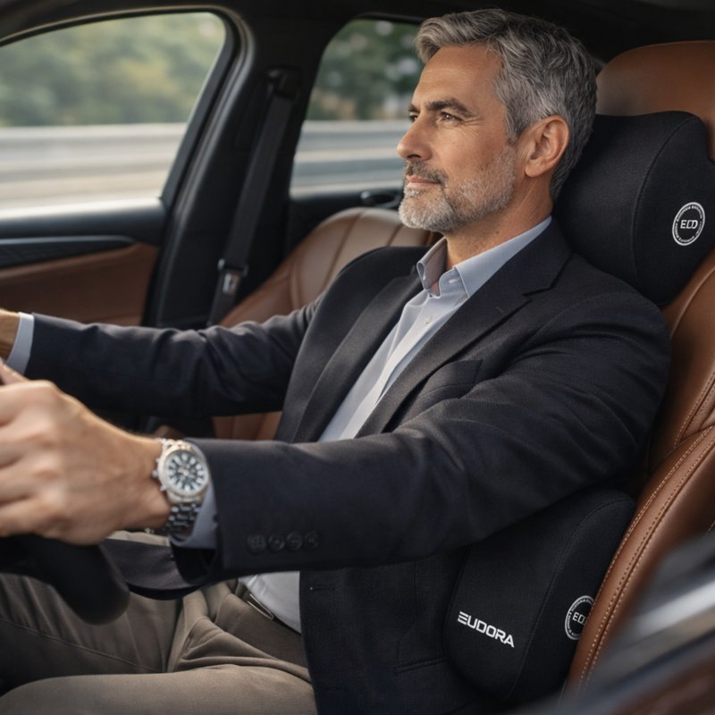 Un homme utilise le Coussin Ergonomique pour Voiture noir​ avec cervicales