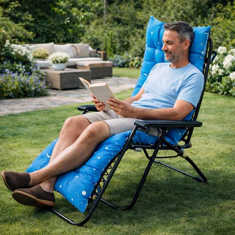 Une femme assise sur leCoussin Fauteuil bleu à étoile