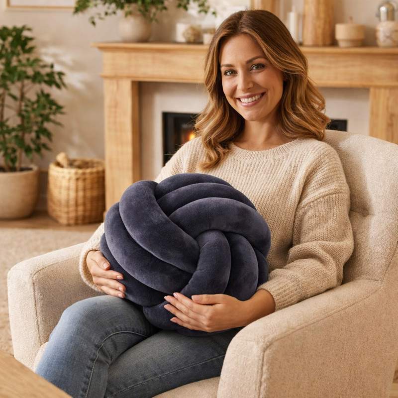 Une femme utilise le Coussin Noeud​ Gris foncé