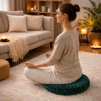 Une femme assise sur le Coussin Yoga Méditation Vert foncé