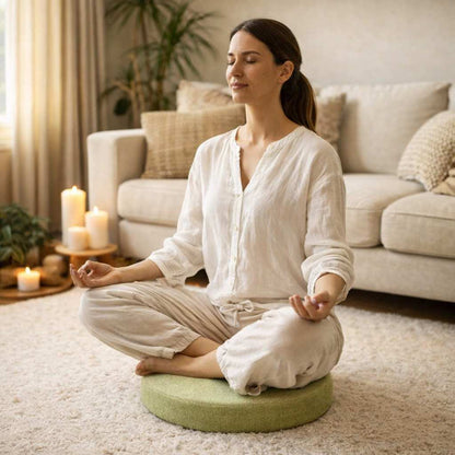 Une femme assise sur le Coussin Yoga d'Assise vert