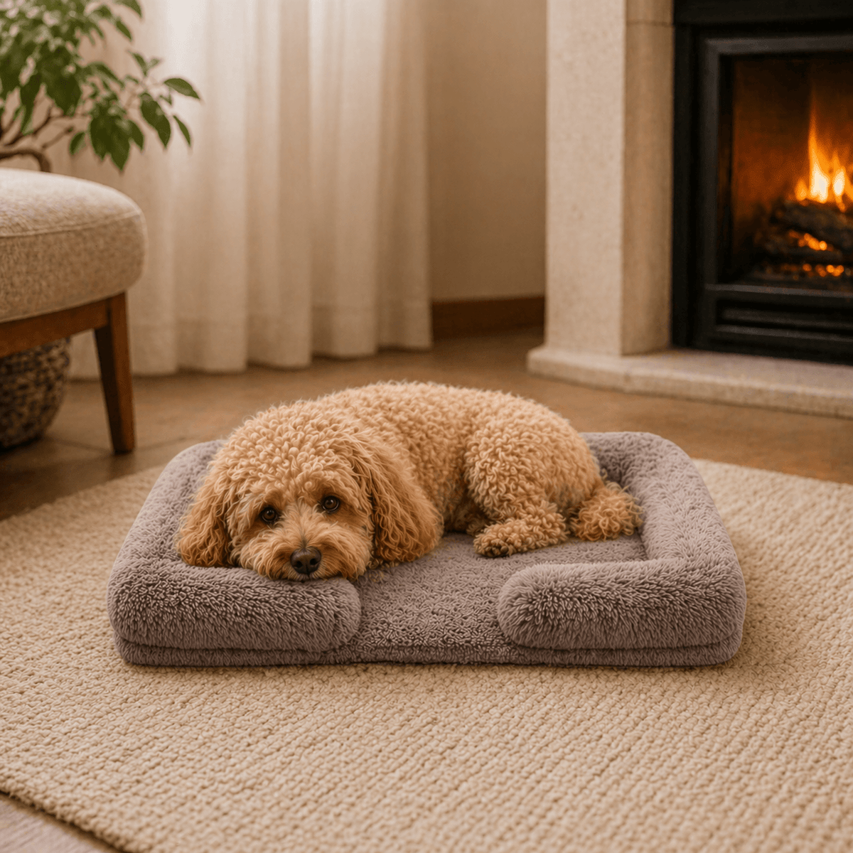 Un chien couché sur le Coussin chien Anti-stress & Déhoussable marron