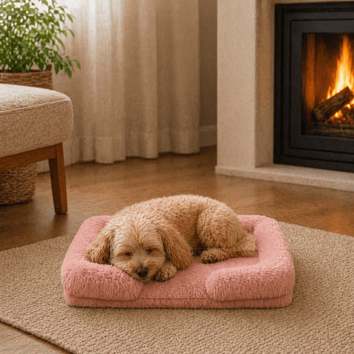 Une femme utilise le Coussin chien Anti-stress & Déhoussable rose