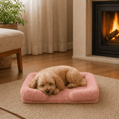 Une femme utilise le Coussin chien Anti-stress & Déhoussable rose