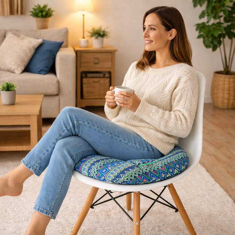 Une femme assise sur le Coussin de Chaise Rond​ Ethnique bleu