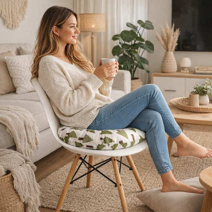 Une femme assise sur le Coussin de Chaise Rond Sapin blanc