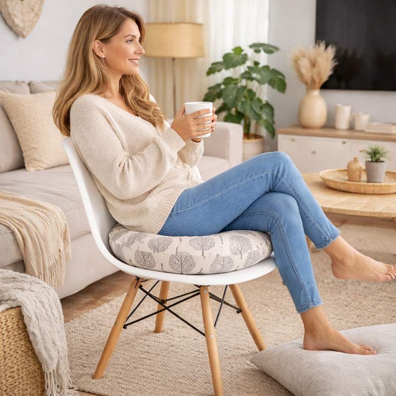 Une femme assise sur le Coussin de Chaise Rond arbre blanc