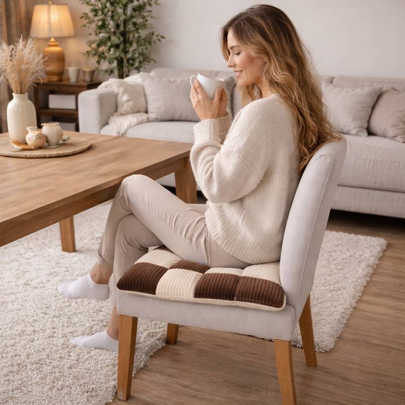 Une femme assise sur le Coussin de Chaise Velours​ marron