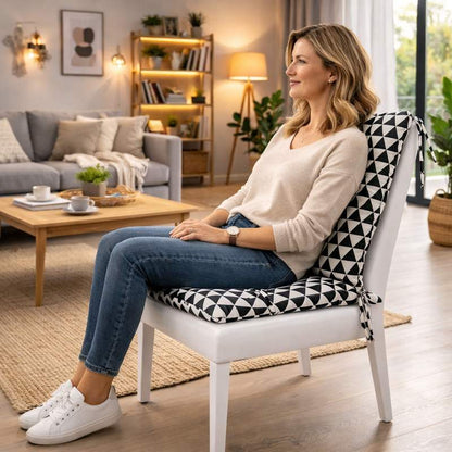 Une femme assise sur le Coussin de Chaise avec Dossier​ contemporain