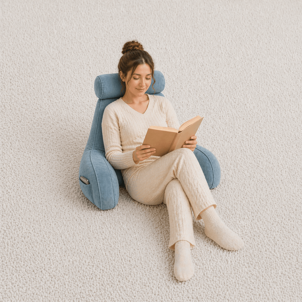 Une femme utilise le Coussin de Lecture à Accoudoirs Bleu 