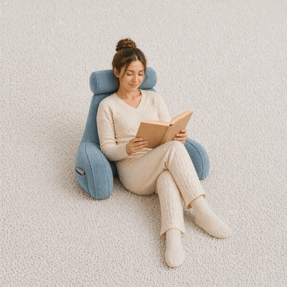 Une femme utilise le Coussin de Lecture à Accoudoirs Bleu 