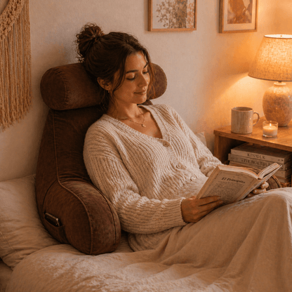 Une femme utilise le Coussin de Lecture à Accoudoirs Marron