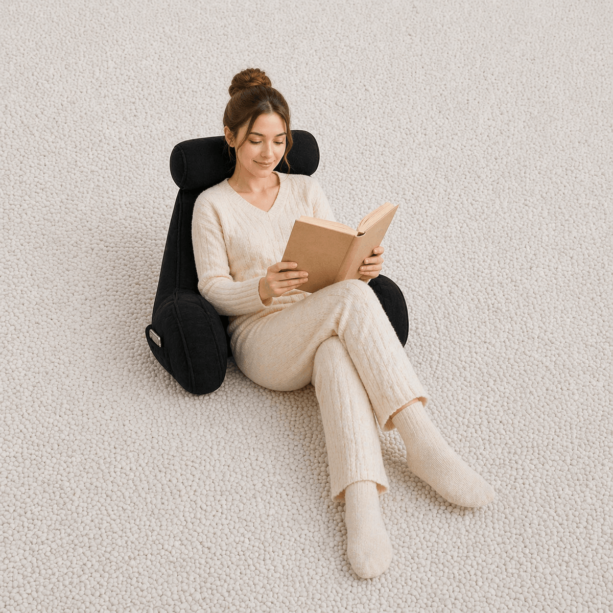 Une femme utilise le Coussin de Lecture à Accoudoirs Noir