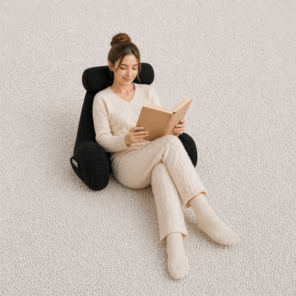 Une femme utilise le Coussin de Lecture à Accoudoirs Noir