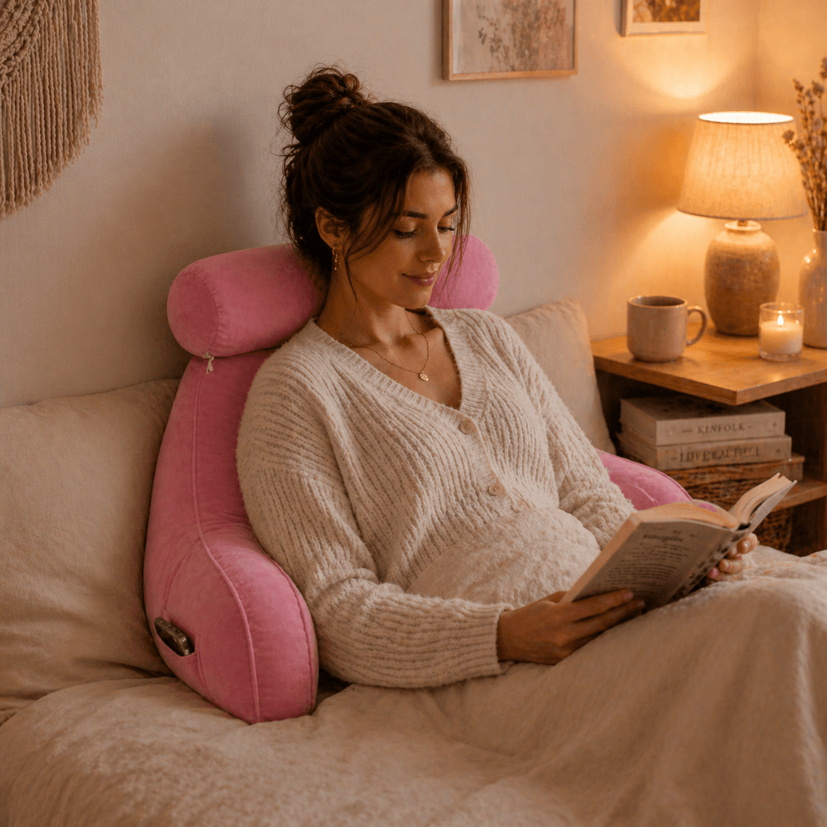 Une femme tilise le Coussin de Lecture à Accoudoirs Rose