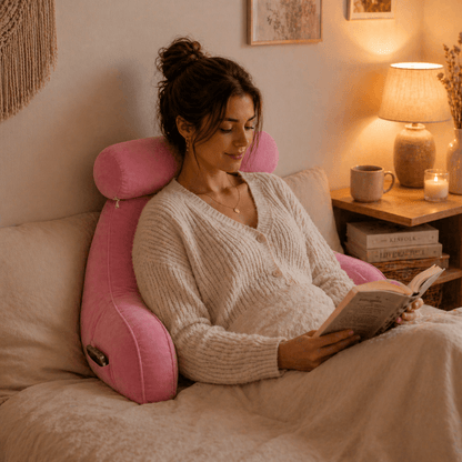 Une femme tilise le Coussin de Lecture à Accoudoirs Rose
