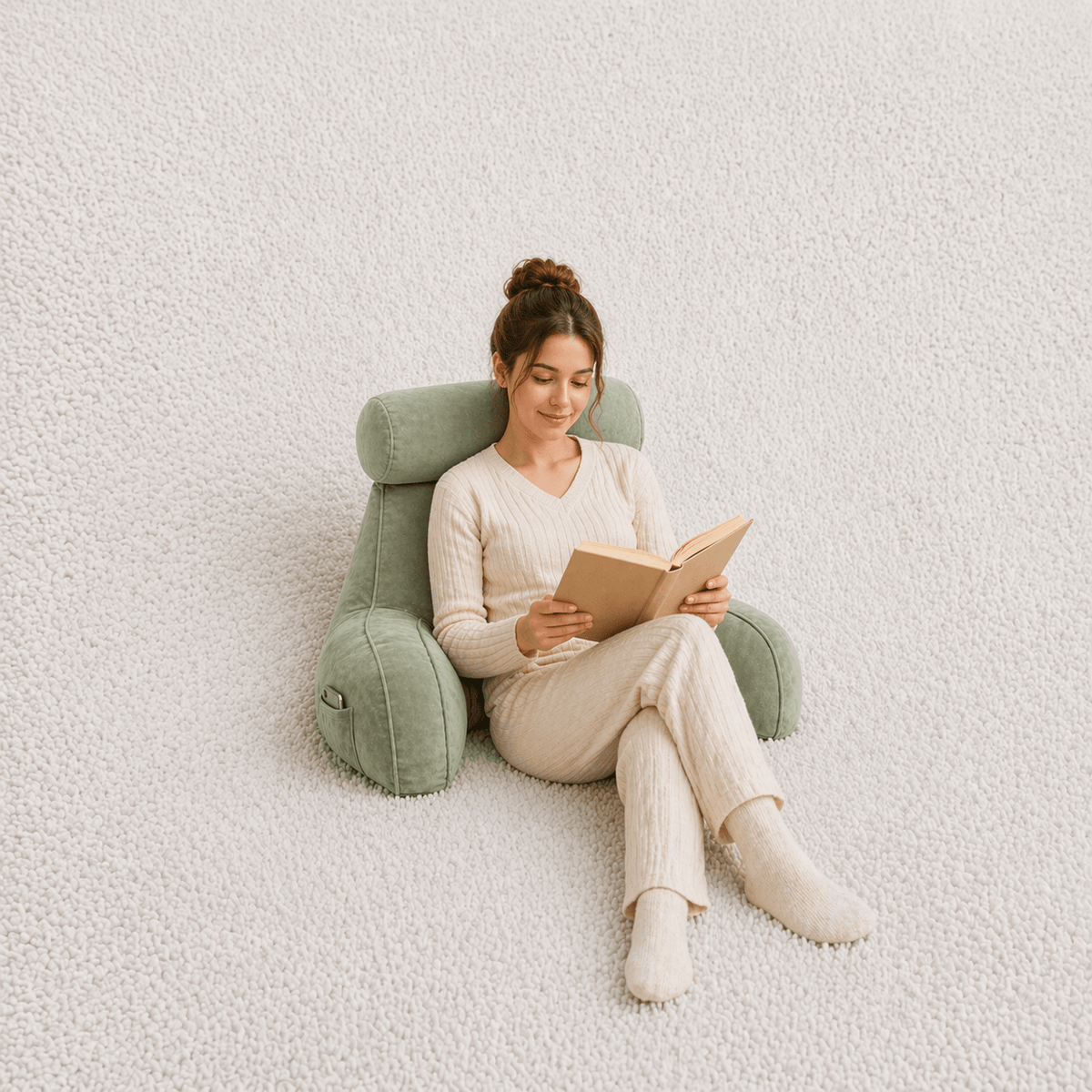 Une femme utilise le Coussin de Lecture à Accoudoirs Vert