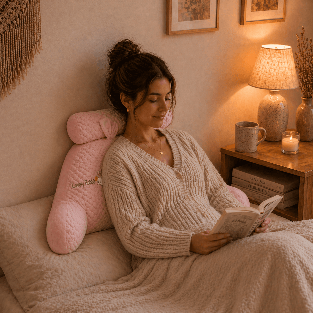 Une femme utilise le Coussin de Lecture Confort Lapin 