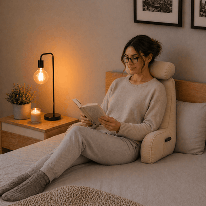 Une femme utilise le Coussin de Lecture Ergonomique Beige 